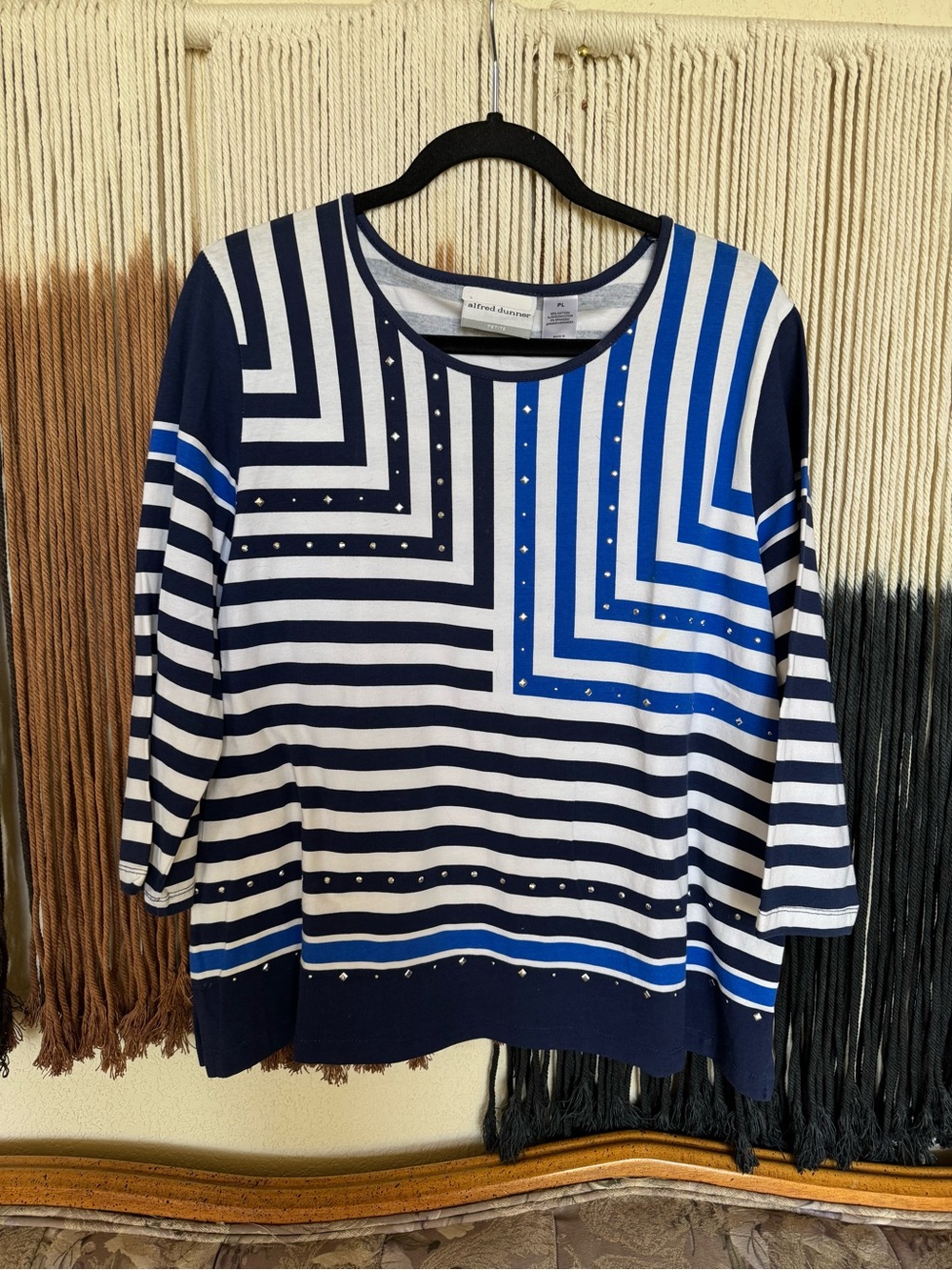 Blue + white striped Alfred Dunner 3/4 sleeve top with studded details